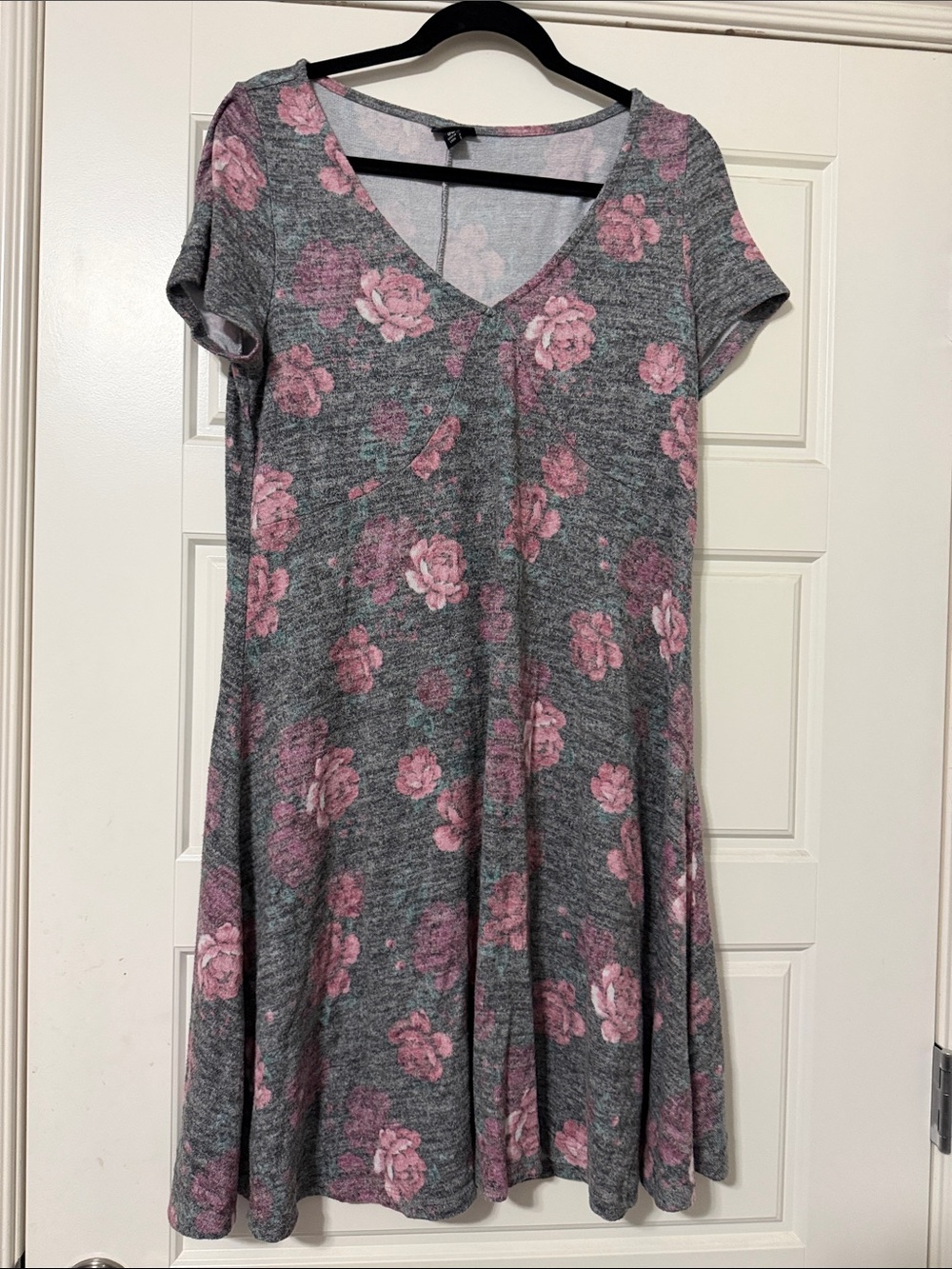 torrid Gray V-Neck Swing Dress with Pink Rose Print